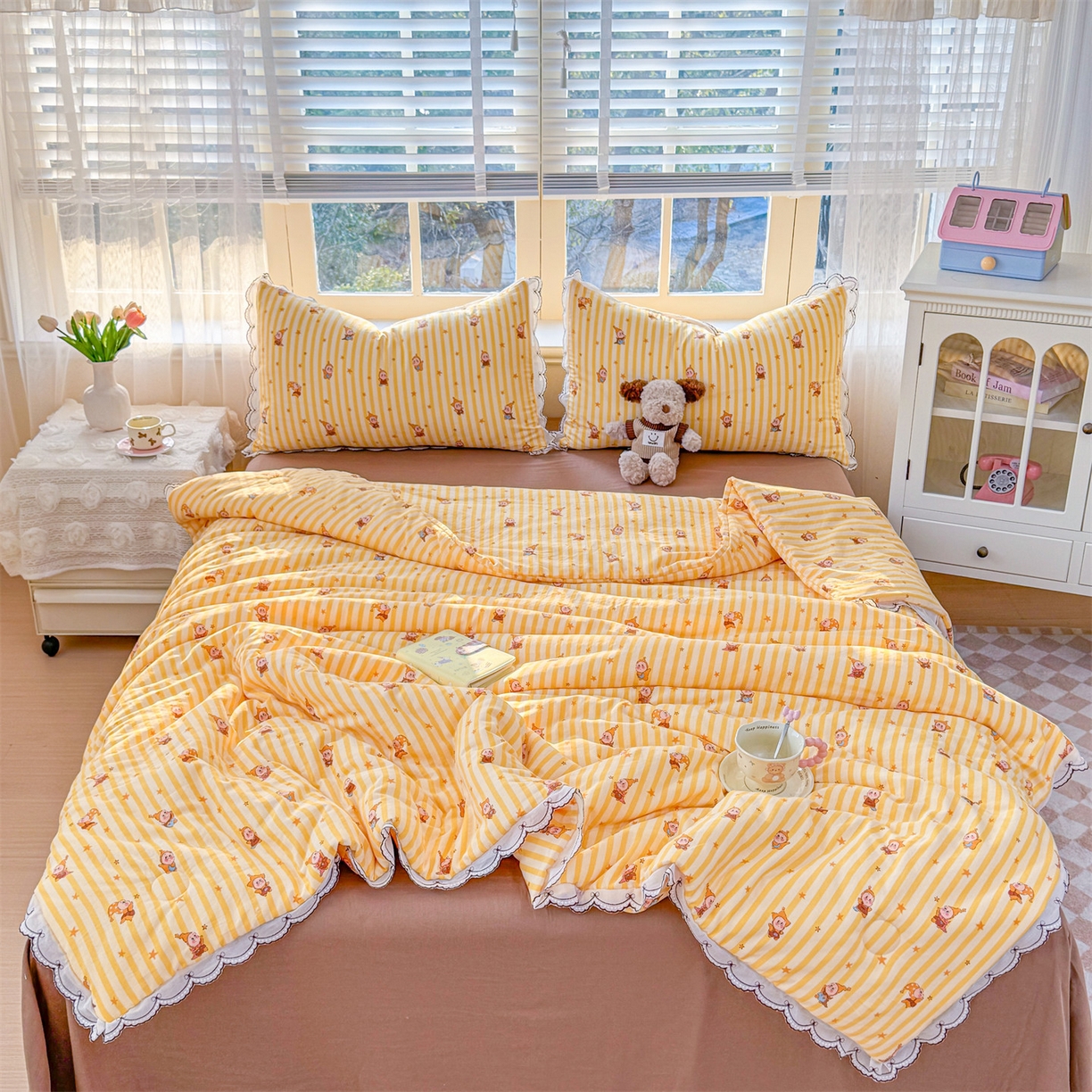 91家纺网 家纺一手货源 找家纺 被窝家纺 2026新款全棉纯棉有氧双层纱多功能夏被夏凉被空调被四件套 萌星