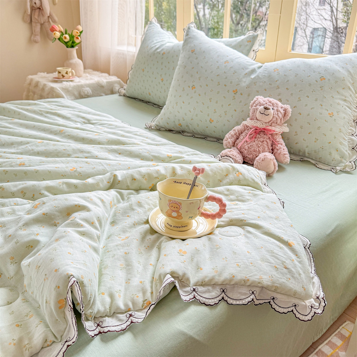 91家纺网 家纺一手货源 找家纺 被窝家纺 2026新款全棉纯棉有氧双层纱多功能夏被夏凉被空调被四件套 柠檬花