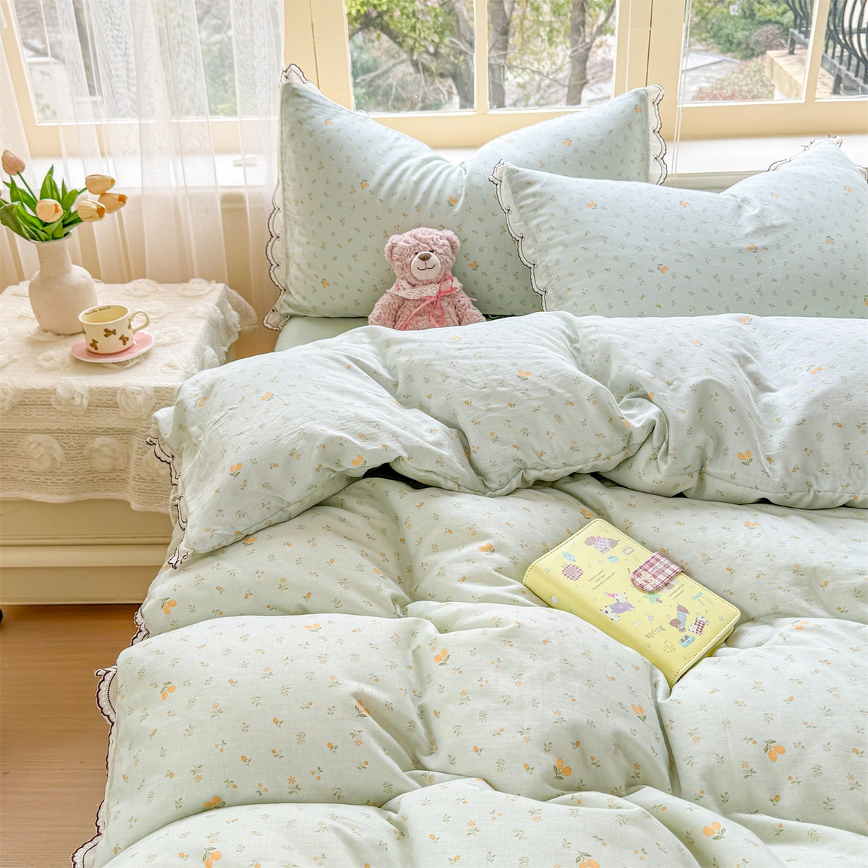91家纺网 家纺一手货源 找家纺 被窝家纺 2026新款全棉纯棉有氧双层纱多功能夏被夏凉被空调被四件套 柠檬花