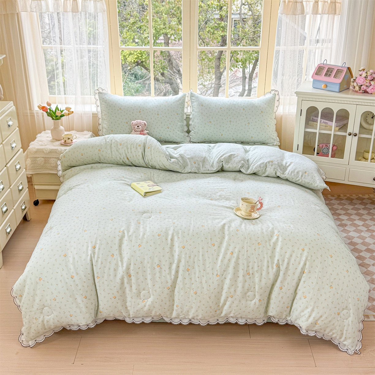 91家纺网 家纺一手货源 找家纺 被窝家纺 2026新款全棉纯棉有氧双层纱多功能夏被夏凉被空调被四件套 柠檬花