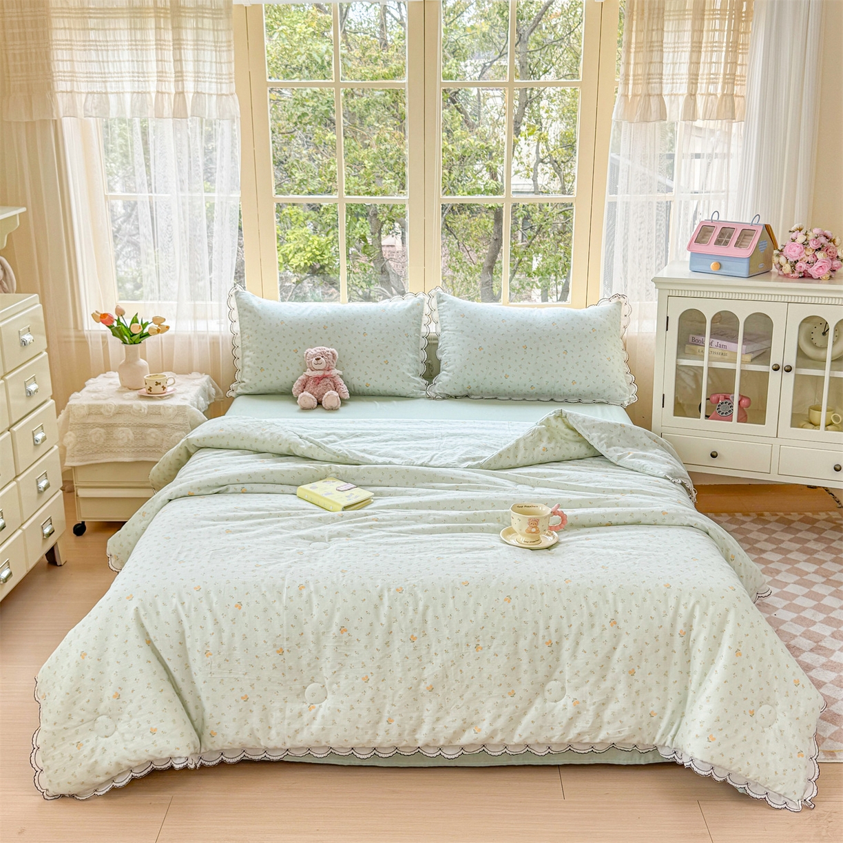 91家纺网 家纺一手货源 找家纺 被窝家纺 2026新款全棉纯棉有氧双层纱多功能夏被夏凉被空调被四件套 柠檬花