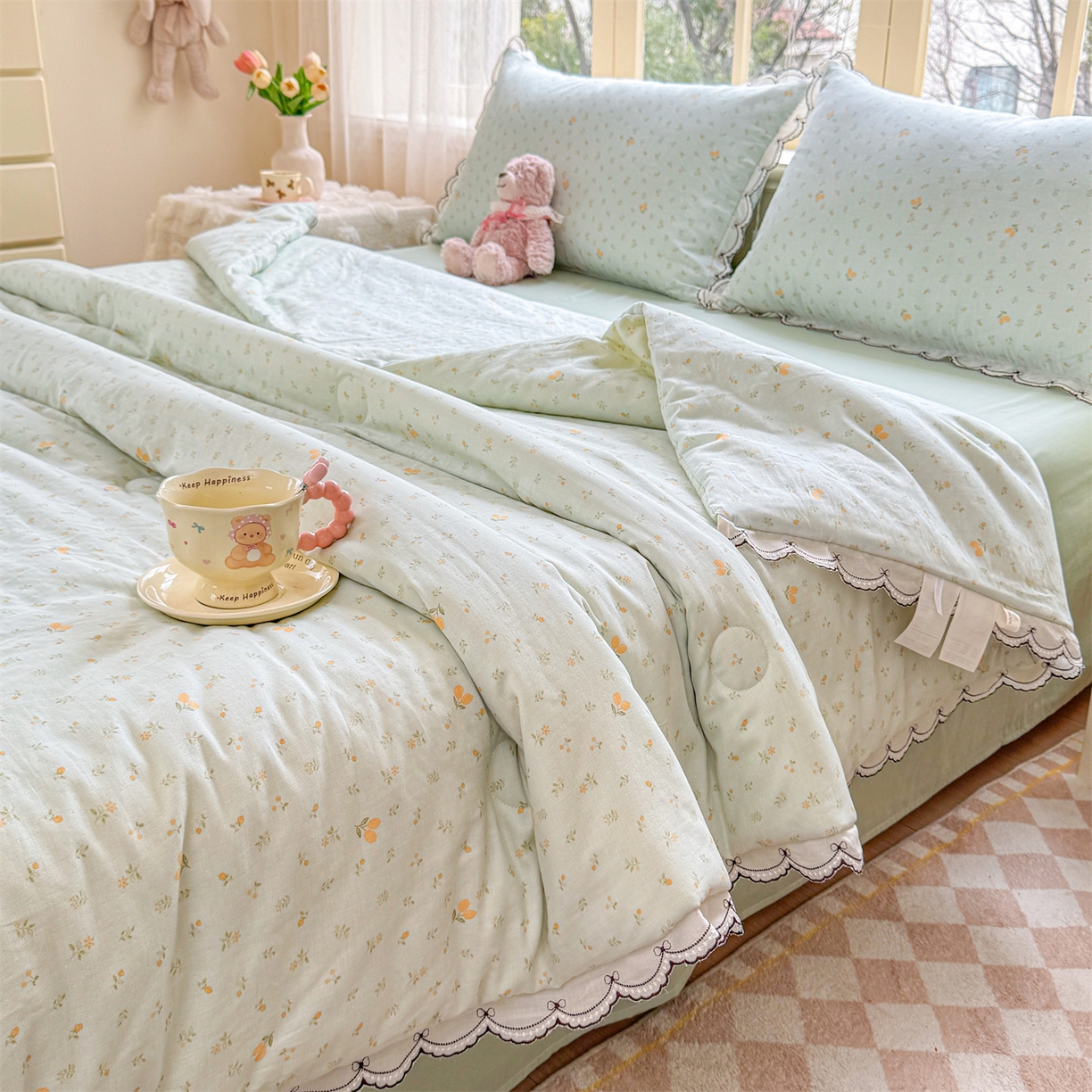 91家纺网 家纺一手货源 找家纺 被窝家纺 2026新款全棉纯棉有氧双层纱多功能夏被夏凉被空调被四件套 柠檬花