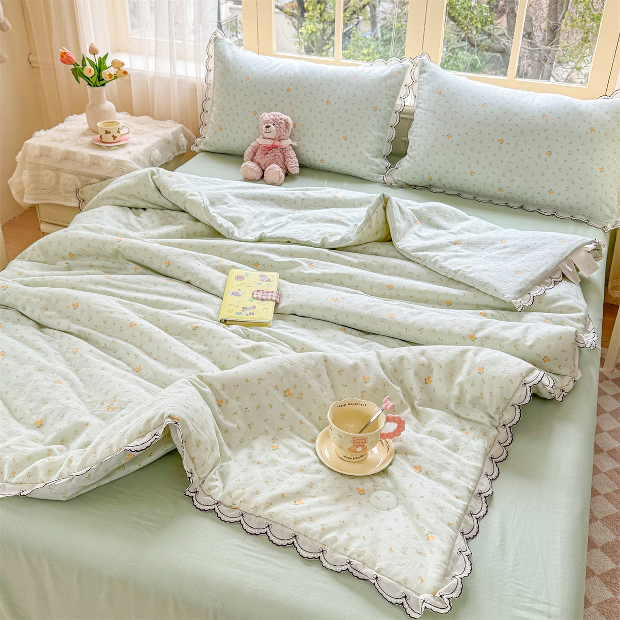 91家纺网 家纺一手货源 找家纺 被窝家纺 2026新款全棉纯棉有氧双层纱多功能夏被夏凉被空调被四件套 柠檬花