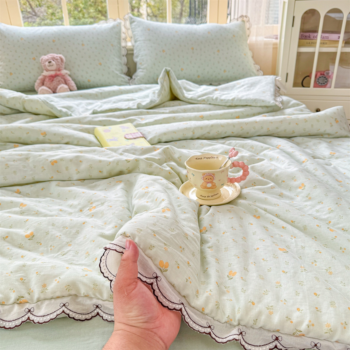 91家纺网 家纺一手货源 找家纺 被窝家纺 2026新款全棉纯棉有氧双层纱多功能夏被夏凉被空调被四件套 柠檬花