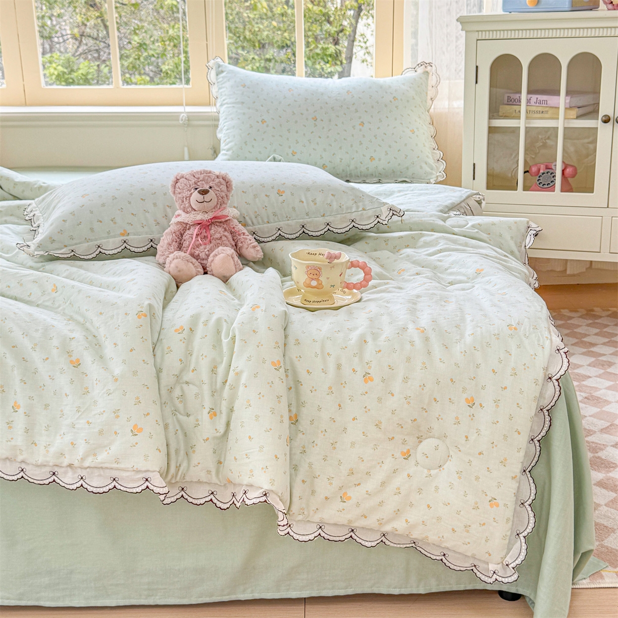 91家纺网 家纺一手货源 找家纺 被窝家纺 2026新款全棉纯棉有氧双层纱多功能夏被夏凉被空调被四件套 柠檬花