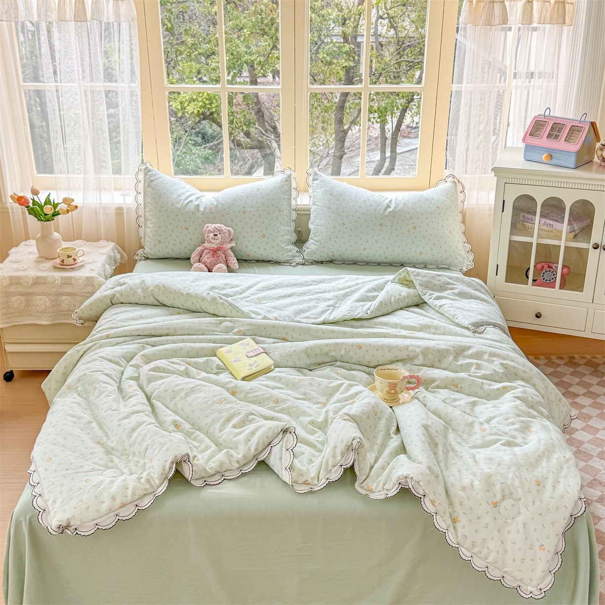 91家纺网 家纺一手货源 找家纺 被窝家纺 2026新款全棉纯棉有氧双层纱多功能夏被夏凉被空调被四件套 柠檬花