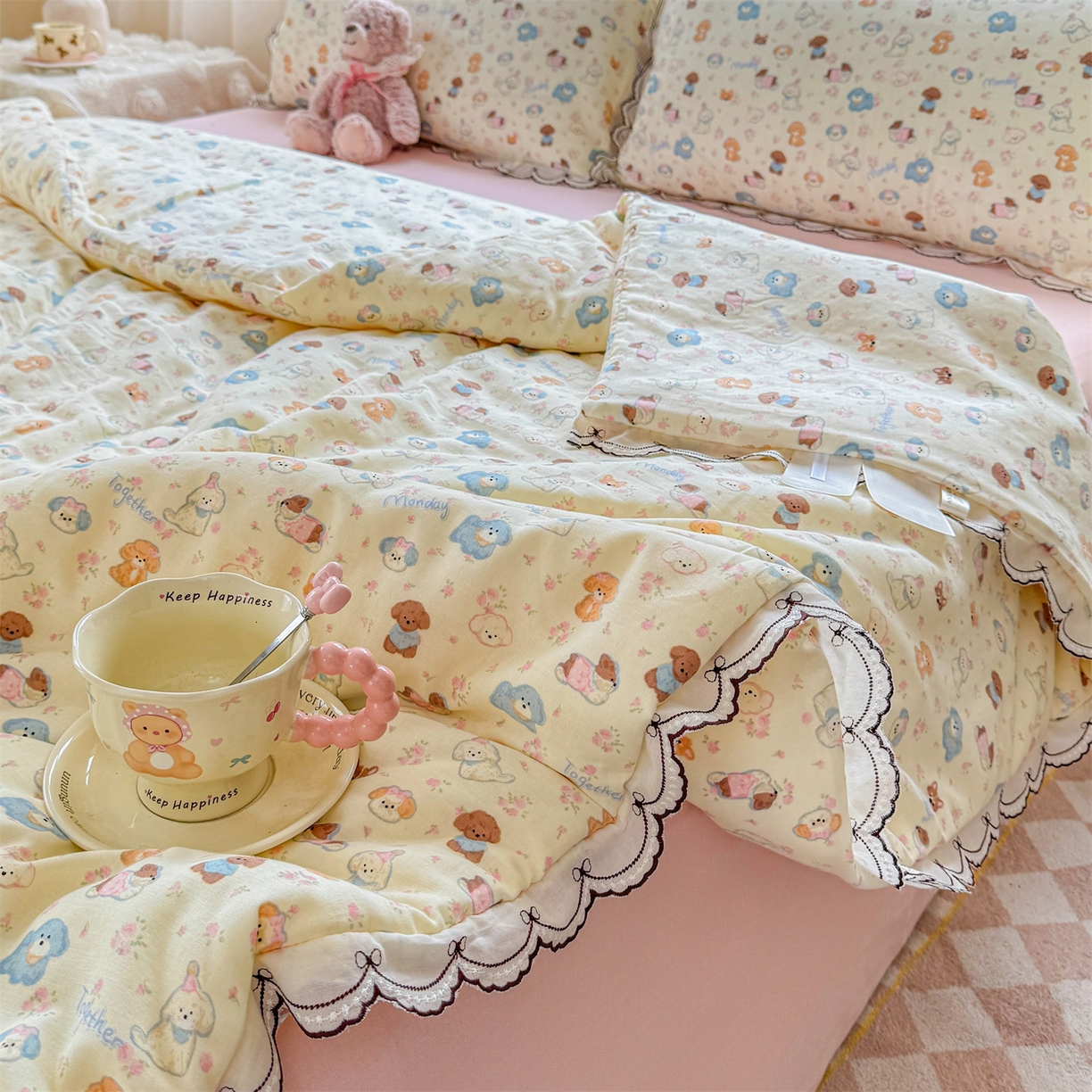 91家纺网 家纺一手货源 找家纺 被窝家纺 2026新款全棉纯棉有氧双层纱多功能夏被夏凉被空调被四件套 泡芙狗