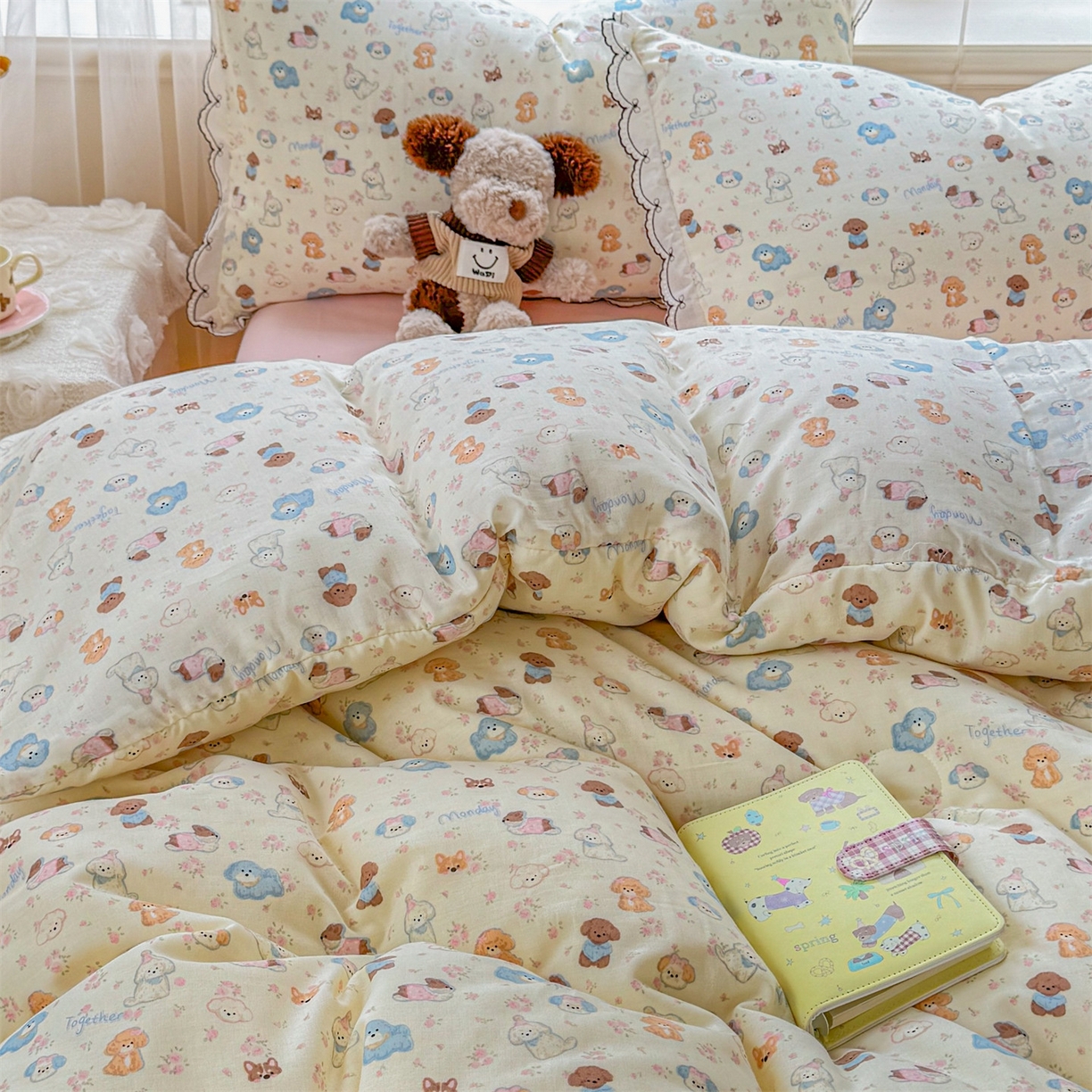 91家纺网 家纺一手货源 找家纺 被窝家纺 2026新款全棉纯棉有氧双层纱多功能夏被夏凉被空调被四件套 泡芙狗