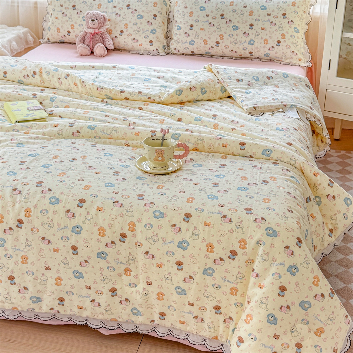 91家纺网 家纺一手货源 找家纺 被窝家纺 2026新款全棉纯棉有氧双层纱多功能夏被夏凉被空调被四件套 泡芙狗