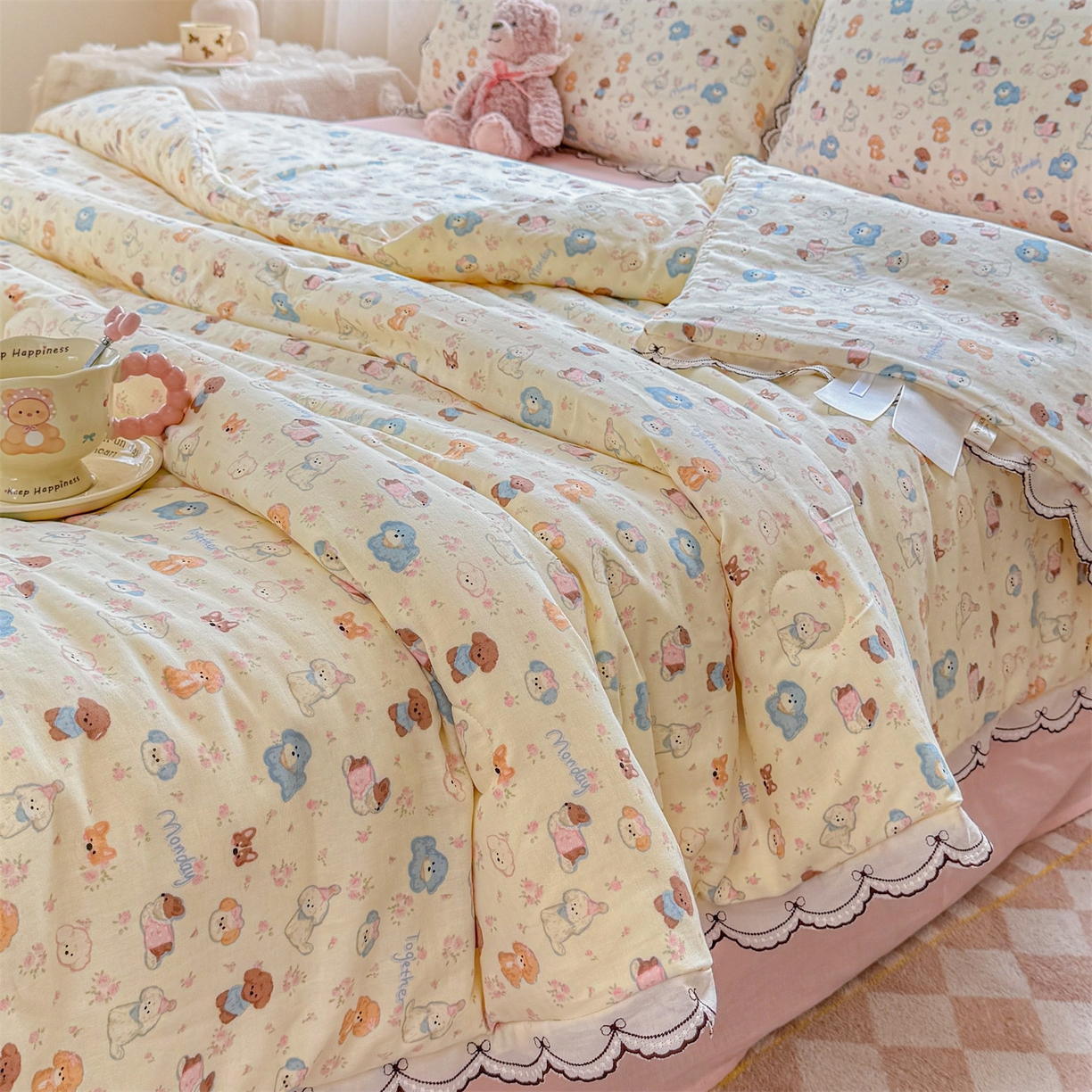 91家纺网 家纺一手货源 找家纺 被窝家纺 2026新款全棉纯棉有氧双层纱多功能夏被夏凉被空调被四件套 泡芙狗