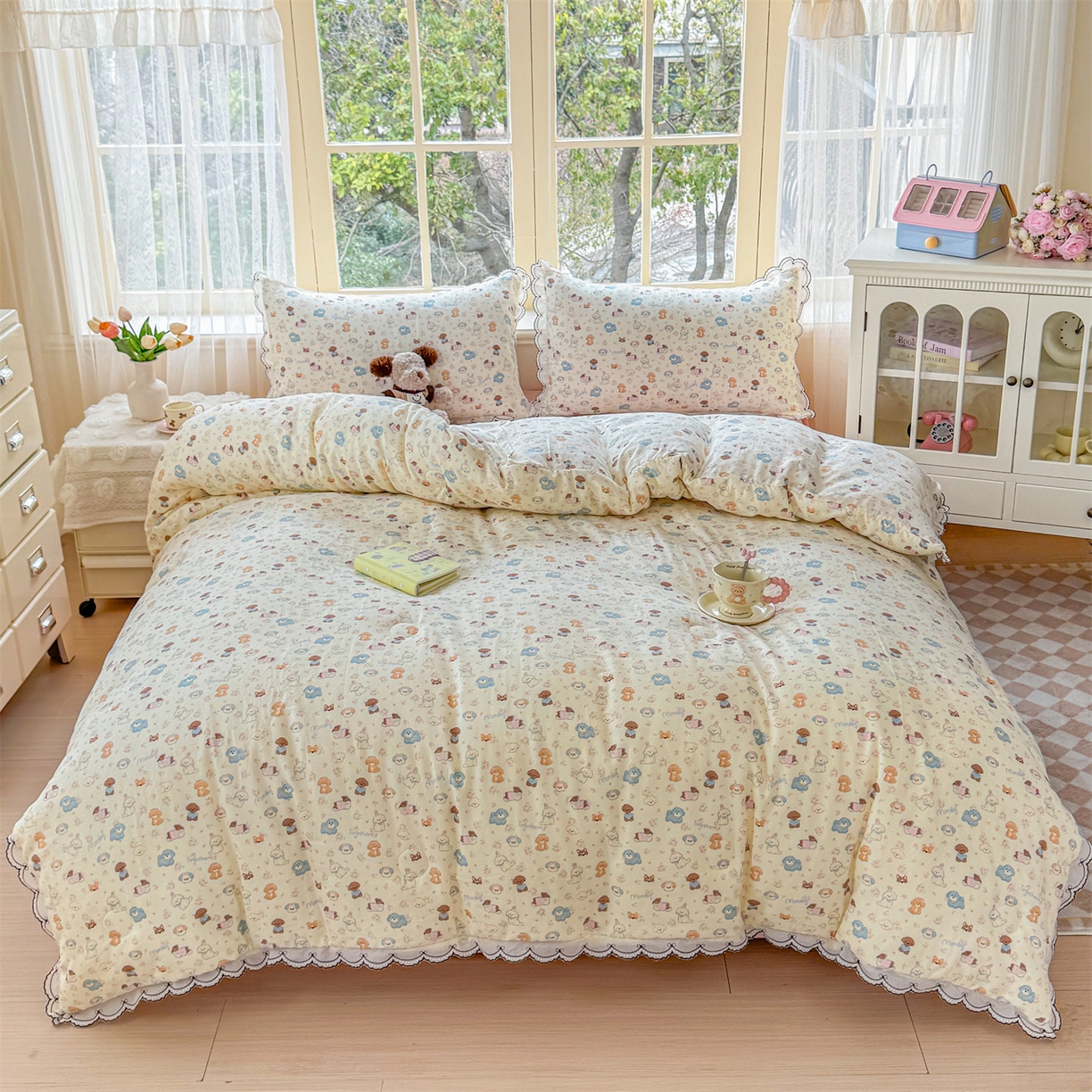 91家纺网 家纺一手货源 找家纺 被窝家纺 2026新款全棉纯棉有氧双层纱多功能夏被夏凉被空调被四件套 泡芙狗