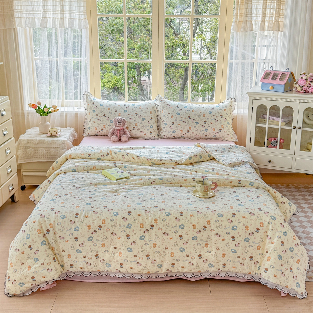 91家纺网 家纺一手货源 找家纺 被窝家纺 2026新款全棉纯棉有氧双层纱多功能夏被夏凉被空调被四件套 泡芙狗