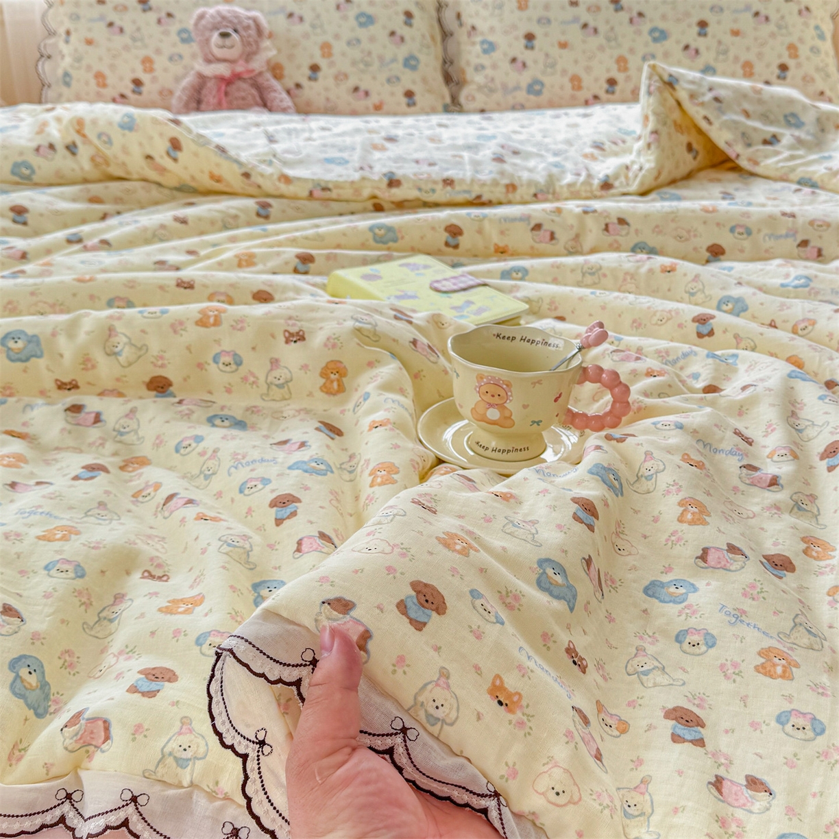 91家纺网 家纺一手货源 找家纺 被窝家纺 2026新款全棉纯棉有氧双层纱多功能夏被夏凉被空调被四件套 泡芙狗