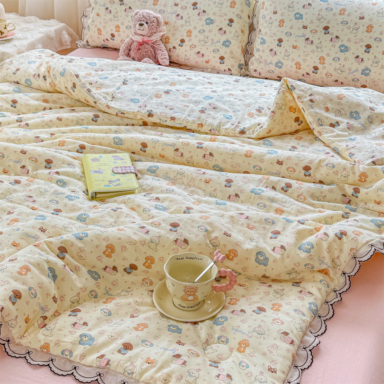 91家纺网 家纺一手货源 找家纺 被窝家纺 2026新款全棉纯棉有氧双层纱多功能夏被夏凉被空调被四件套 泡芙狗