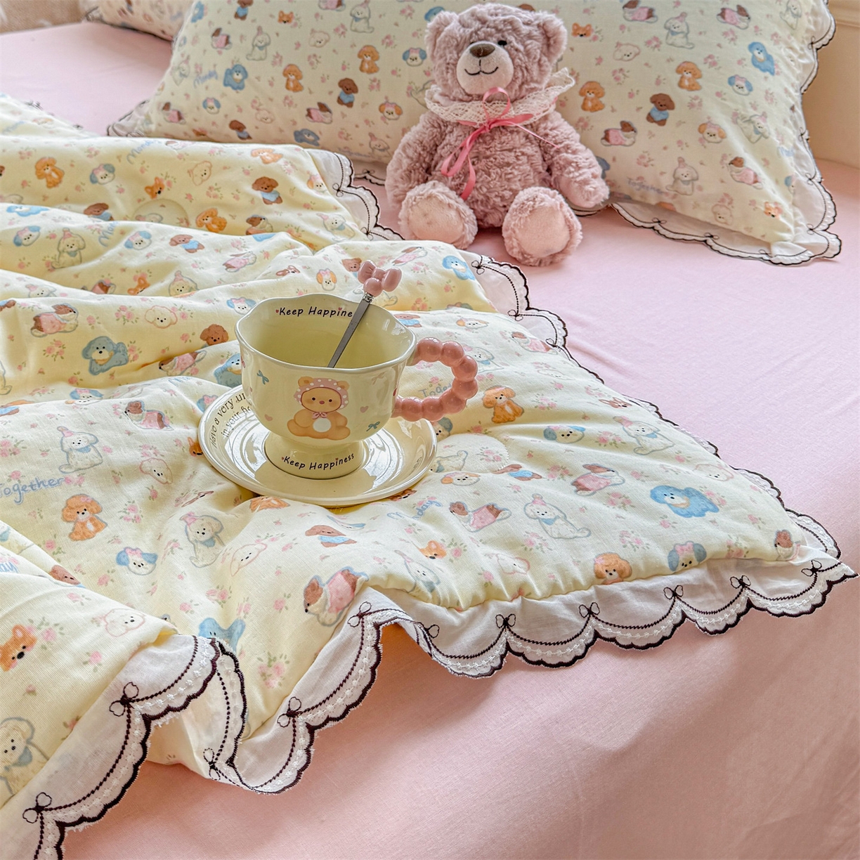 91家纺网 家纺一手货源 找家纺 被窝家纺 2026新款全棉纯棉有氧双层纱多功能夏被夏凉被空调被四件套 泡芙狗