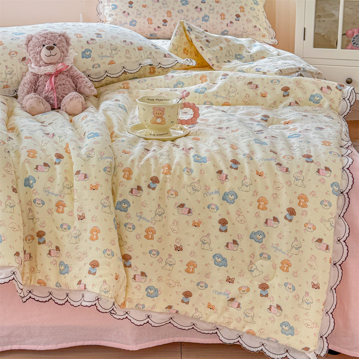 91家纺网 家纺一手货源 找家纺 被窝家纺 2026新款全棉纯棉有氧双层纱多功能夏被夏凉被空调被四件套 泡芙狗