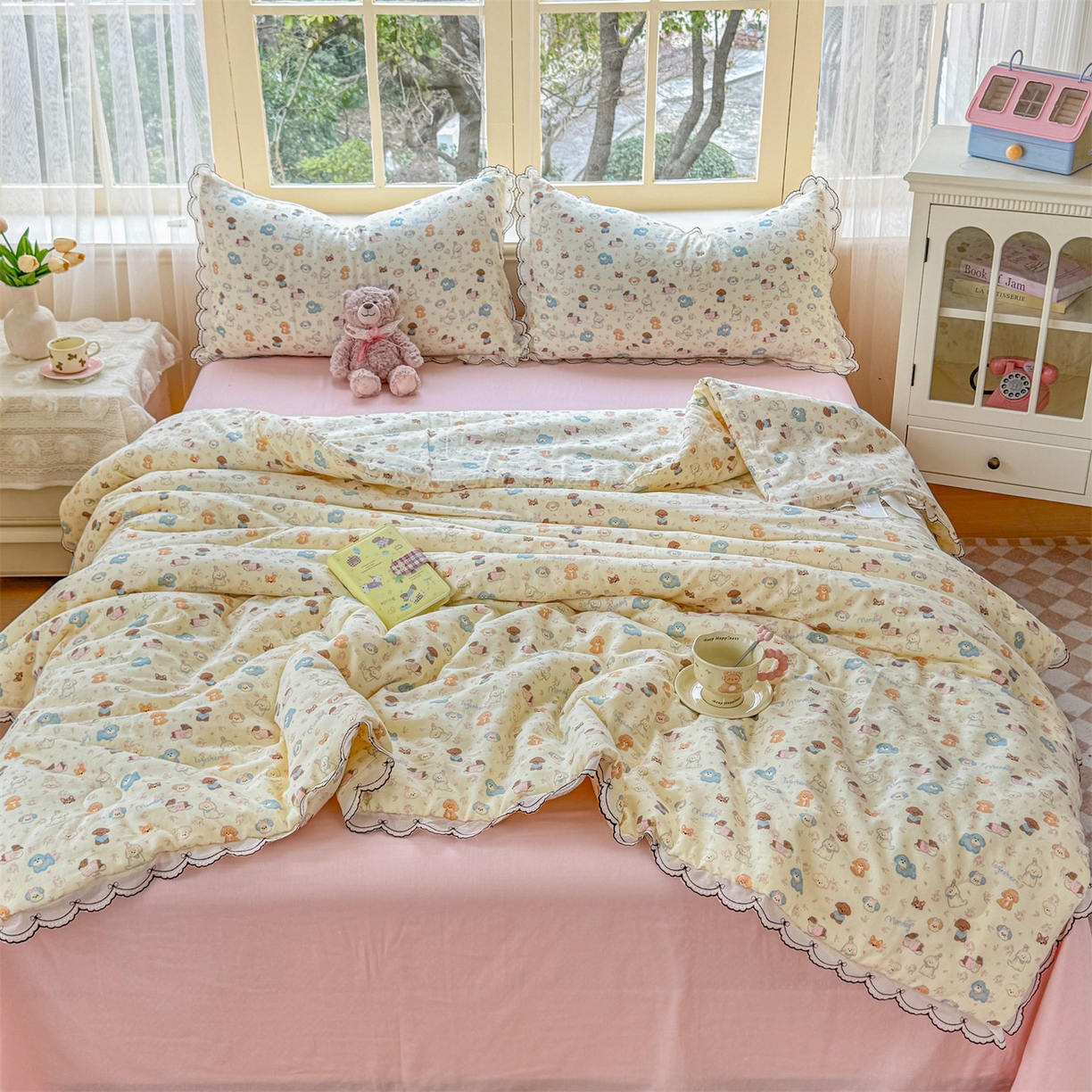 91家纺网 家纺一手货源 找家纺 被窝家纺 2026新款全棉纯棉有氧双层纱多功能夏被夏凉被空调被四件套 泡芙狗