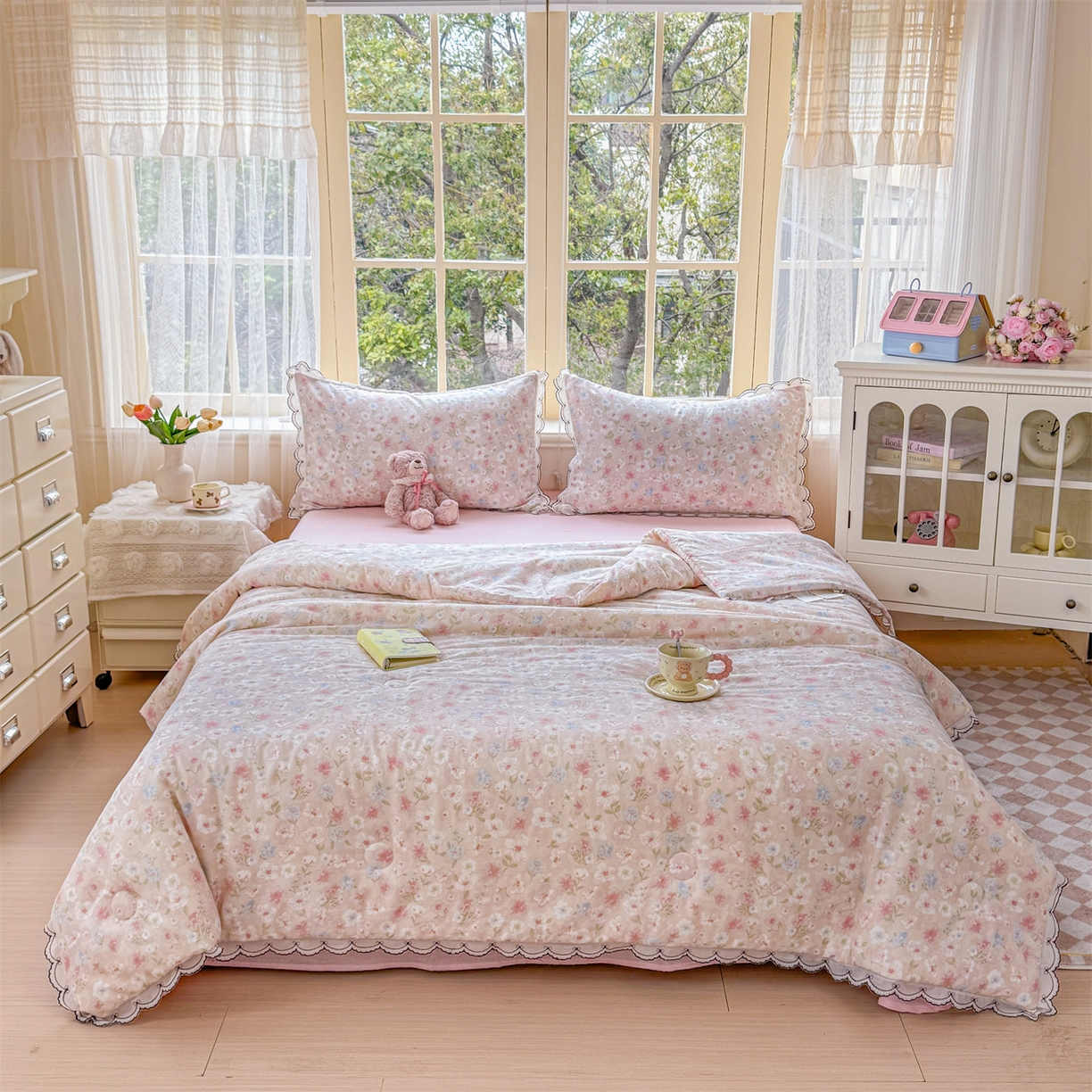 91家纺网 家纺一手货源 找家纺 被窝家纺 2026新款全棉纯棉有氧双层纱多功能夏被夏凉被空调被四件套 清桃-粉