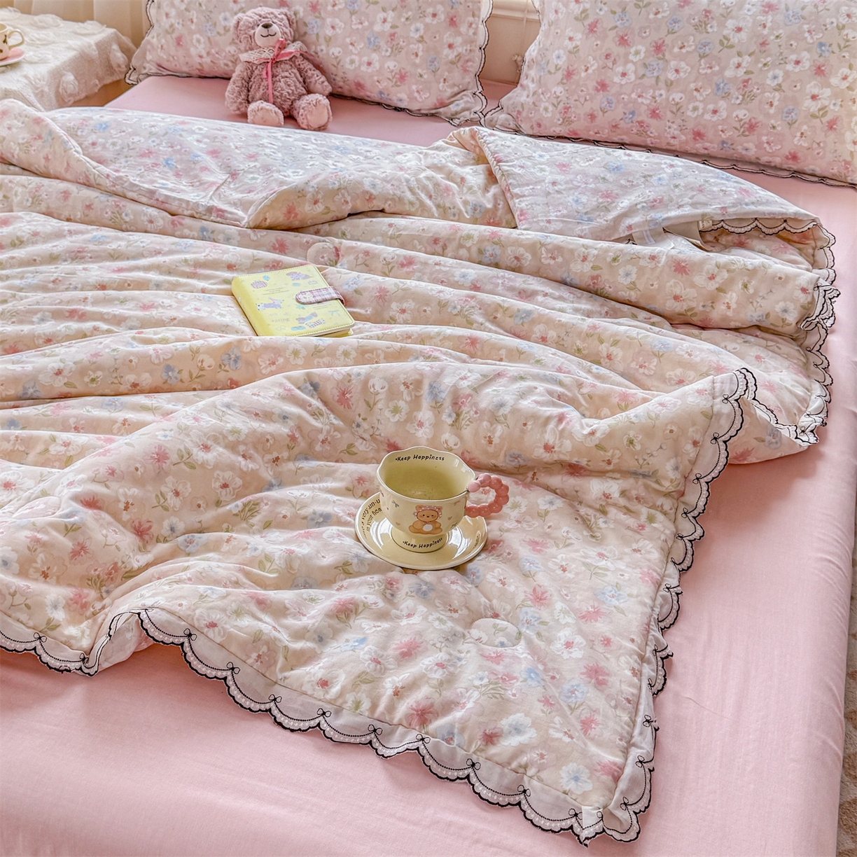 91家纺网 家纺一手货源 找家纺 被窝家纺 2026新款全棉纯棉有氧双层纱多功能夏被夏凉被空调被四件套 清桃-粉
