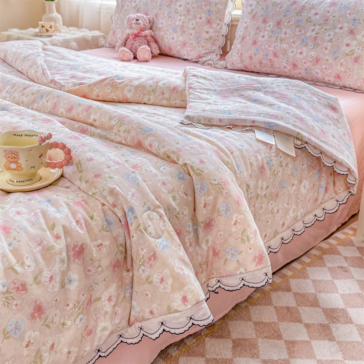 91家纺网 家纺一手货源 找家纺 被窝家纺 2026新款全棉纯棉有氧双层纱多功能夏被夏凉被空调被四件套 清桃-粉
