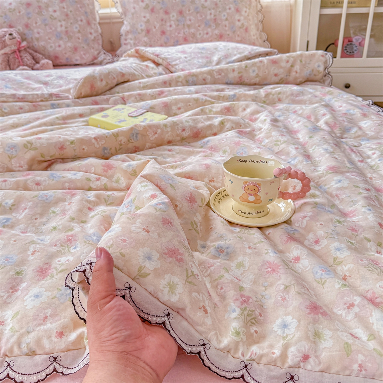 91家纺网 家纺一手货源 找家纺 被窝家纺 2026新款全棉纯棉有氧双层纱多功能夏被夏凉被空调被四件套 清桃-粉