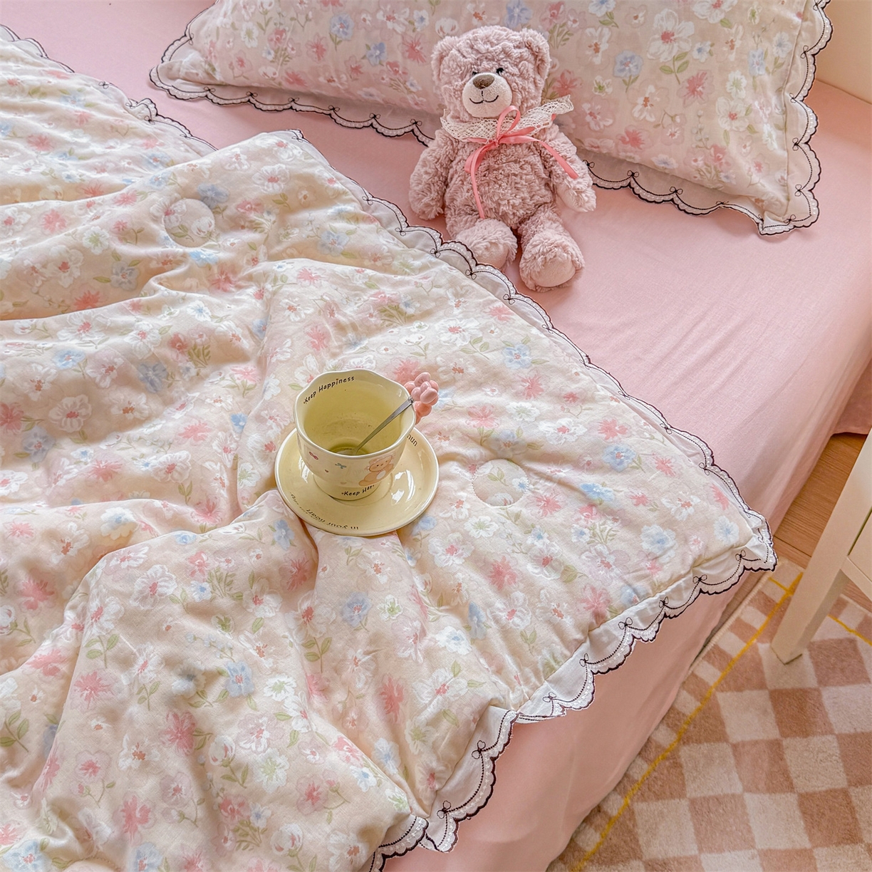 91家纺网 家纺一手货源 找家纺 被窝家纺 2026新款全棉纯棉有氧双层纱多功能夏被夏凉被空调被四件套 清桃-粉