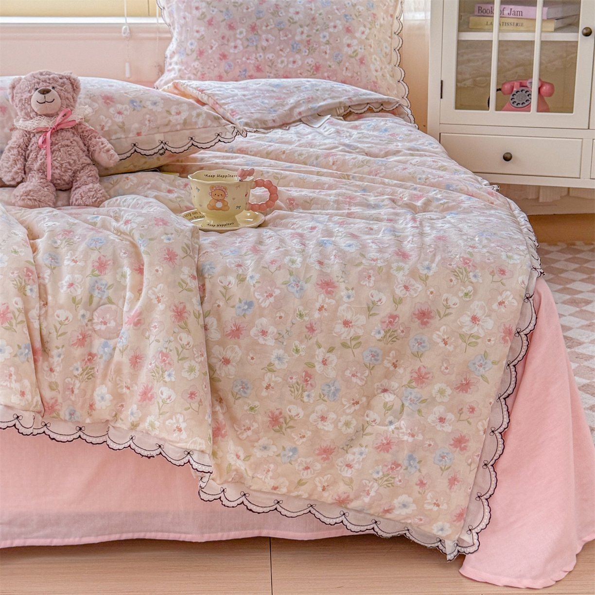 91家纺网 家纺一手货源 找家纺 被窝家纺 2026新款全棉纯棉有氧双层纱多功能夏被夏凉被空调被四件套 清桃-粉