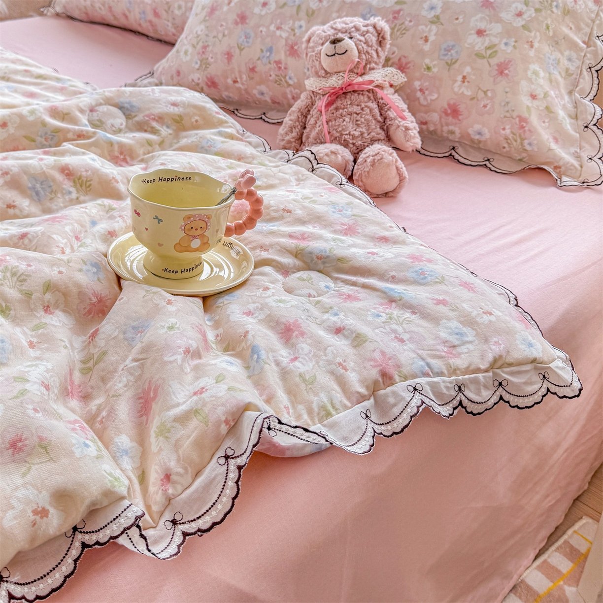 91家纺网 家纺一手货源 找家纺 被窝家纺 2026新款全棉纯棉有氧双层纱多功能夏被夏凉被空调被四件套 清桃-粉