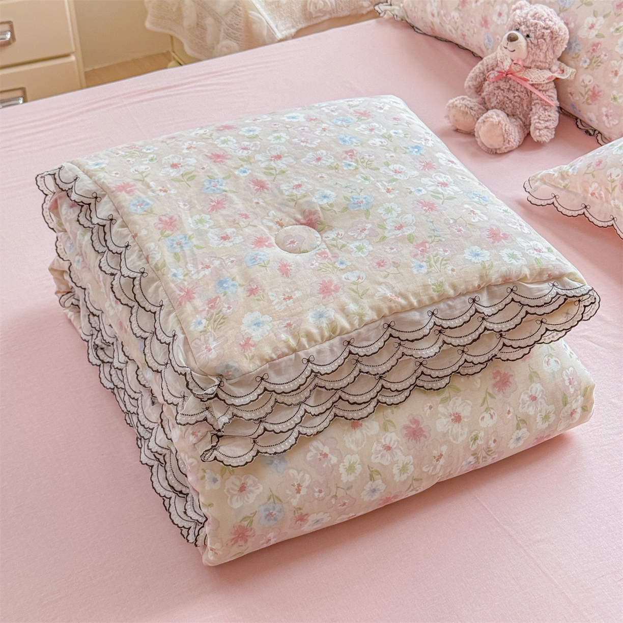 91家纺网 家纺一手货源 找家纺 被窝家纺 2026新款全棉纯棉有氧双层纱多功能夏被夏凉被空调被四件套 清桃-粉