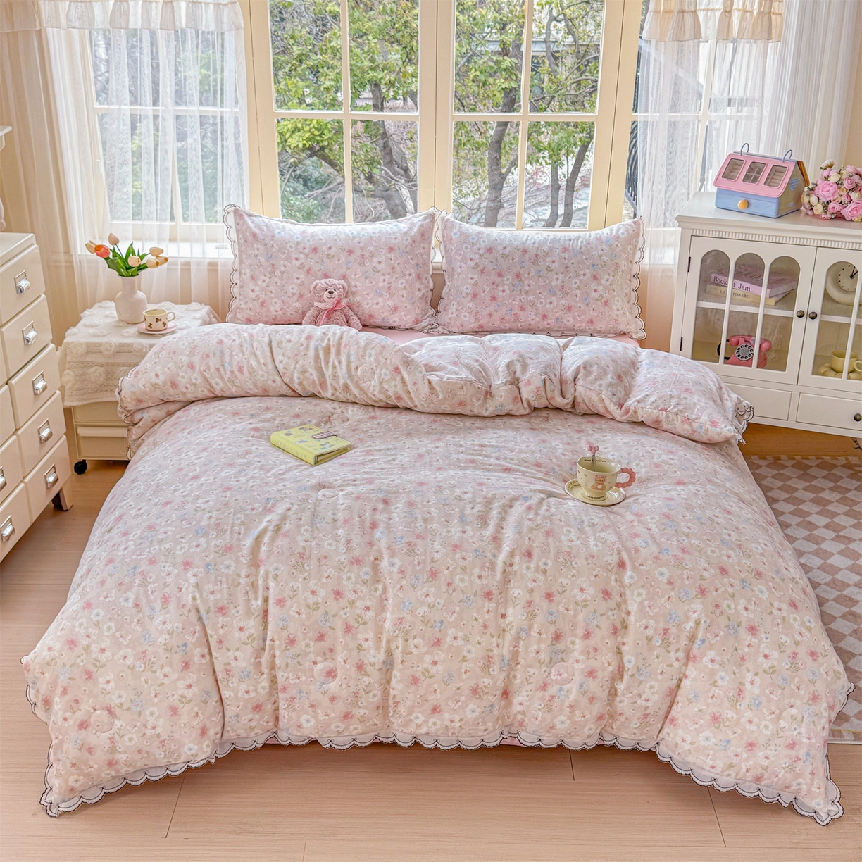 91家纺网 家纺一手货源 找家纺 被窝家纺 2026新款全棉纯棉有氧双层纱多功能夏被夏凉被空调被四件套 清桃-粉