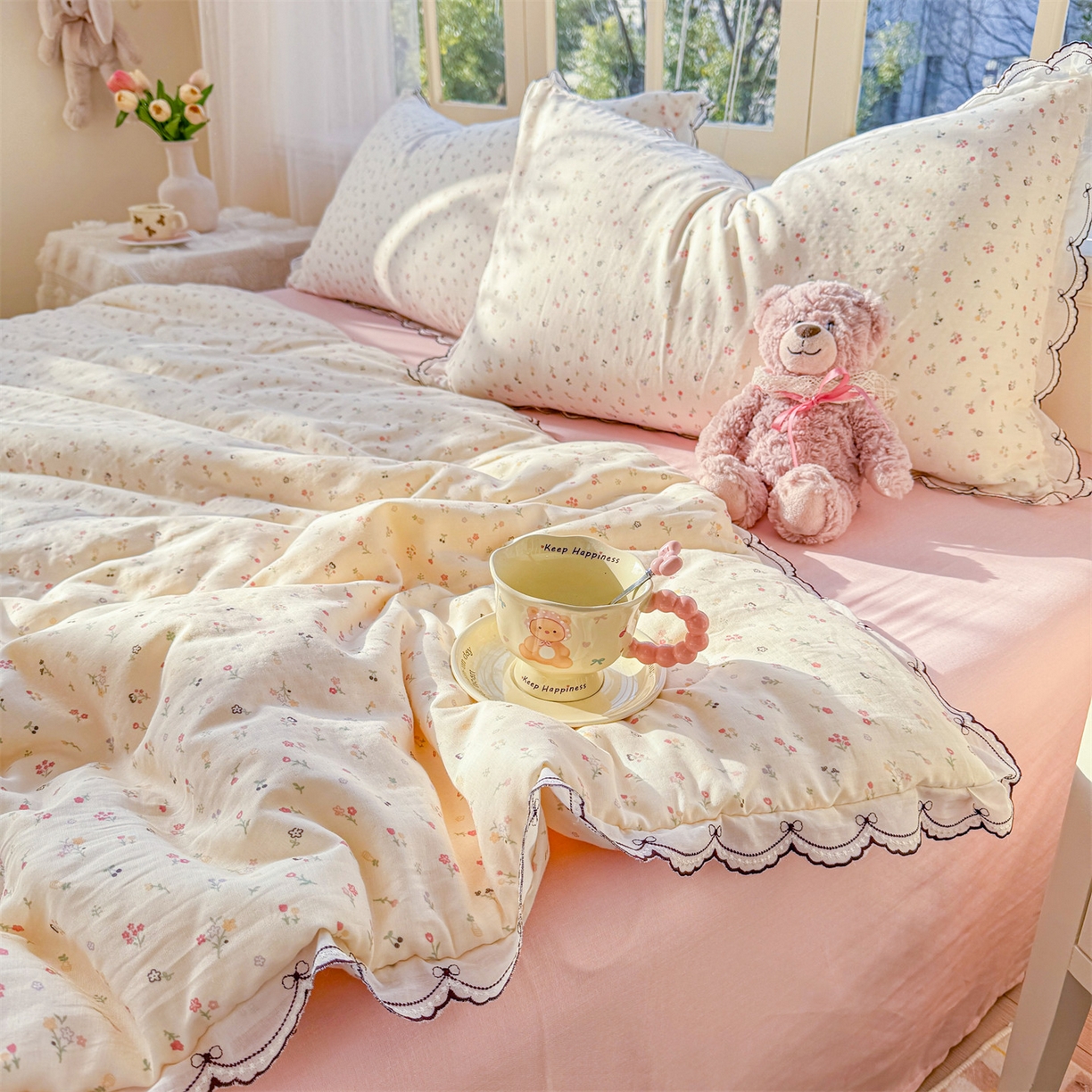 91家纺网 家纺一手货源 找家纺 被窝家纺 2026新款全棉纯棉有氧双层纱多功能夏被夏凉被空调被四件套 小野花