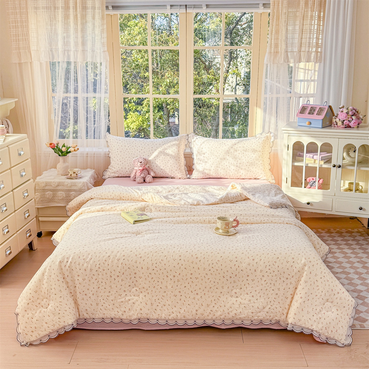 91家纺网 家纺一手货源 找家纺 被窝家纺 2026新款全棉纯棉有氧双层纱多功能夏被夏凉被空调被四件套 小野花