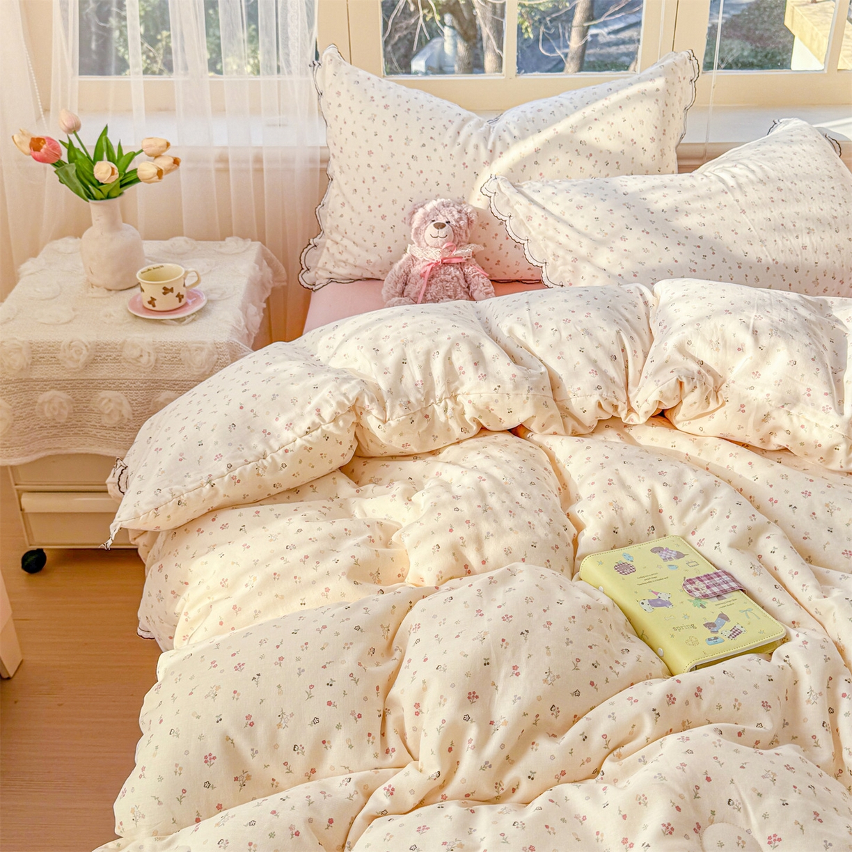 91家纺网 家纺一手货源 找家纺 被窝家纺 2026新款全棉纯棉有氧双层纱多功能夏被夏凉被空调被四件套 小野花