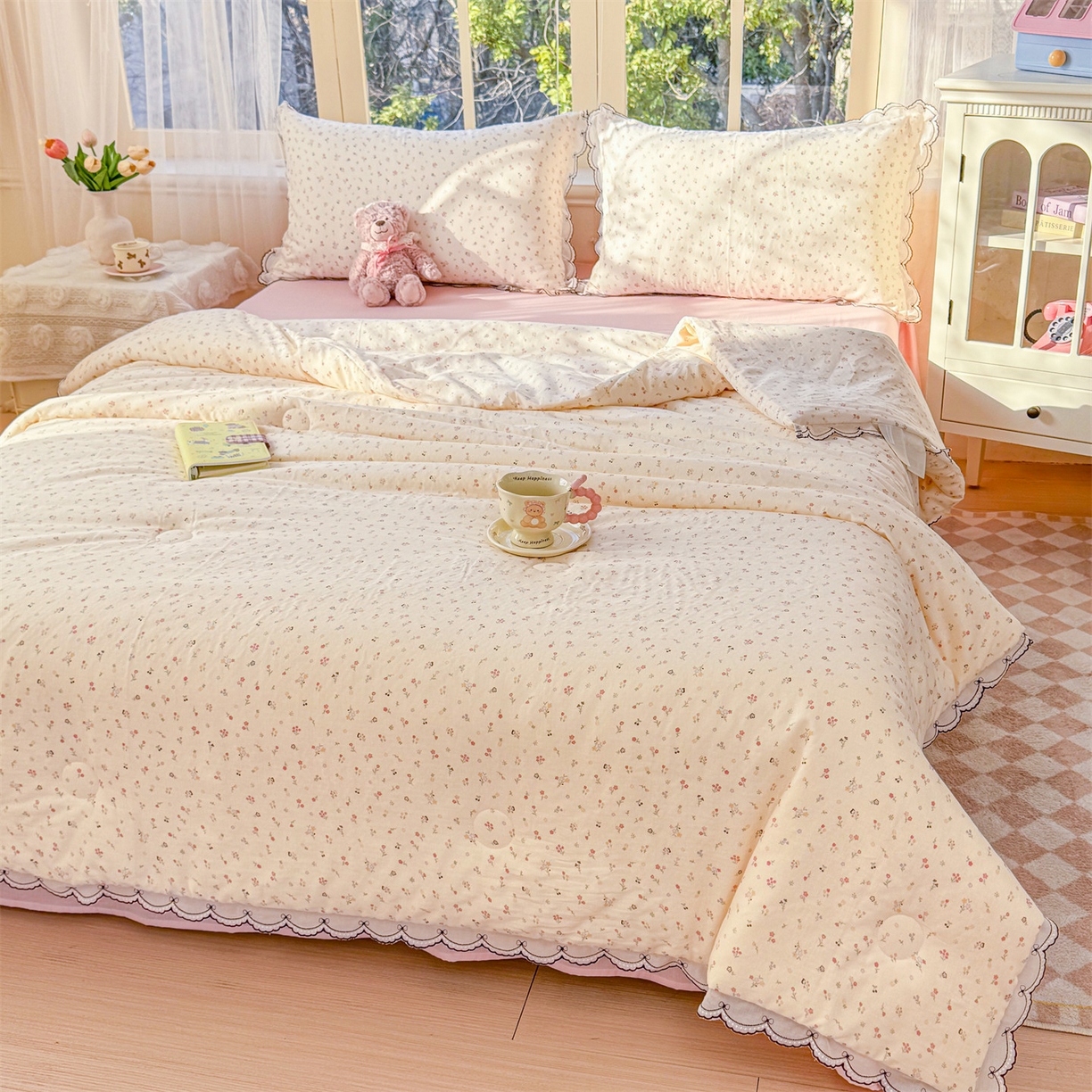 91家纺网 家纺一手货源 找家纺 被窝家纺 2026新款全棉纯棉有氧双层纱多功能夏被夏凉被空调被四件套 小野花