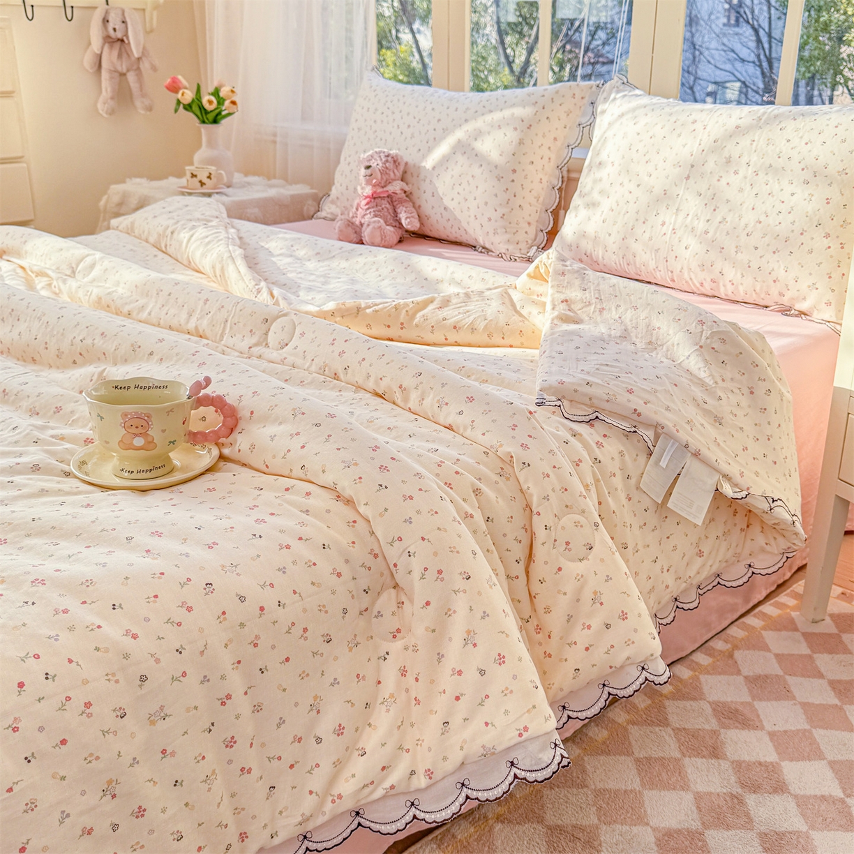 91家纺网 家纺一手货源 找家纺 被窝家纺 2026新款全棉纯棉有氧双层纱多功能夏被夏凉被空调被四件套 小野花