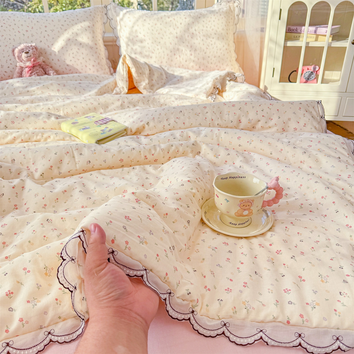 91家纺网 家纺一手货源 找家纺 被窝家纺 2026新款全棉纯棉有氧双层纱多功能夏被夏凉被空调被四件套 小野花