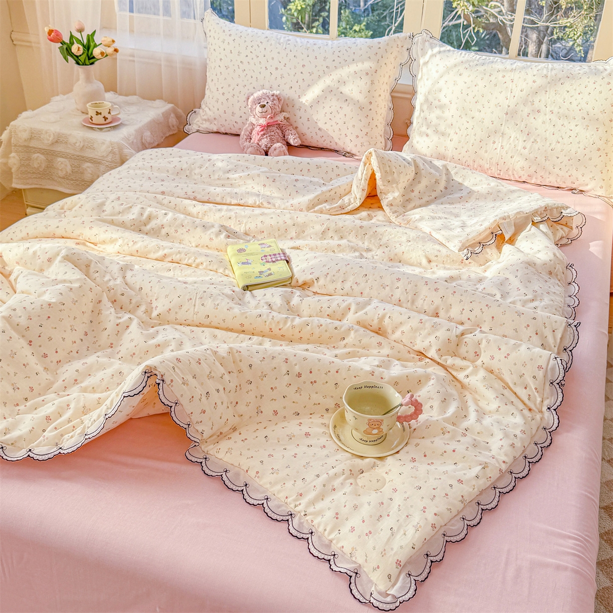 91家纺网 家纺一手货源 找家纺 被窝家纺 2026新款全棉纯棉有氧双层纱多功能夏被夏凉被空调被四件套 小野花