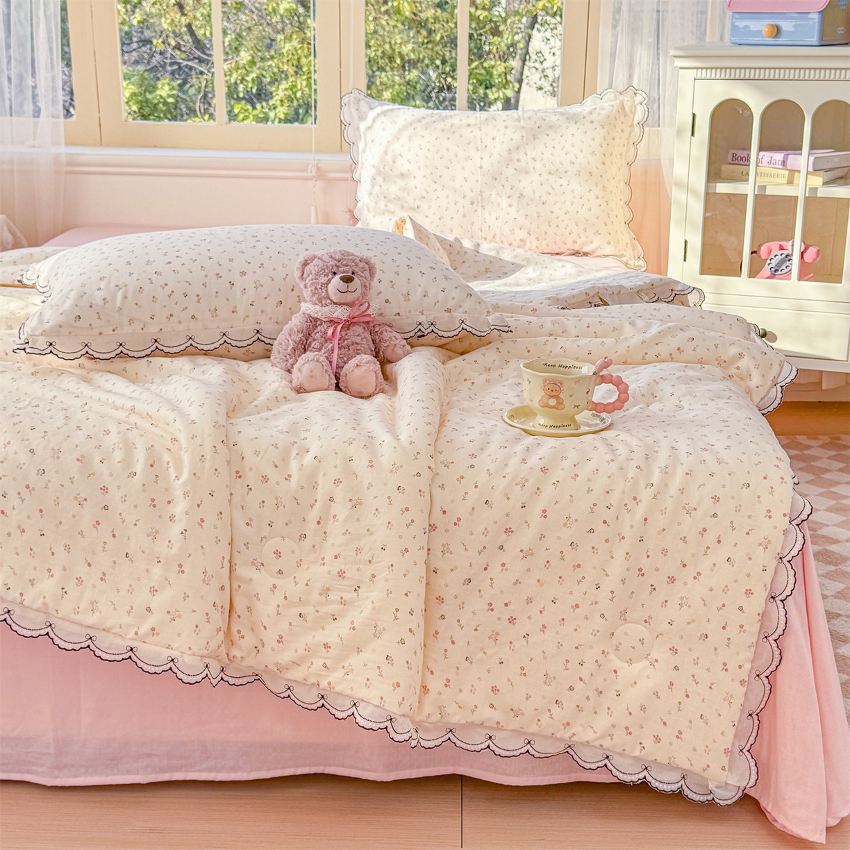 91家纺网 家纺一手货源 找家纺 被窝家纺 2026新款全棉纯棉有氧双层纱多功能夏被夏凉被空调被四件套 小野花