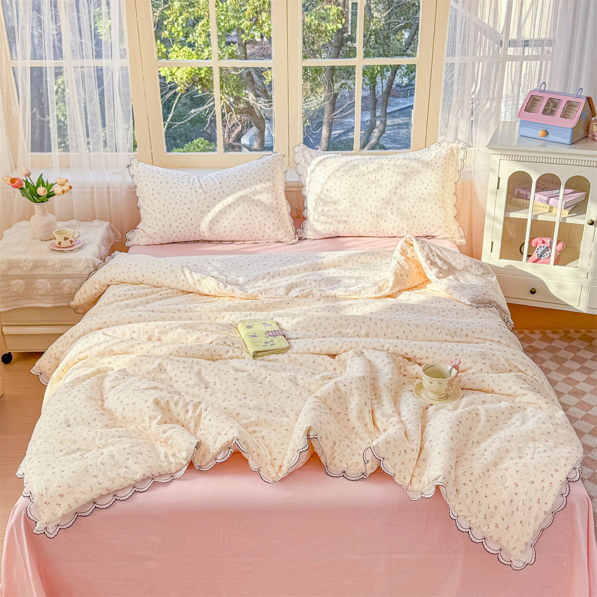 91家纺网 家纺一手货源 找家纺 被窝家纺 2026新款全棉纯棉有氧双层纱多功能夏被夏凉被空调被四件套 小野花