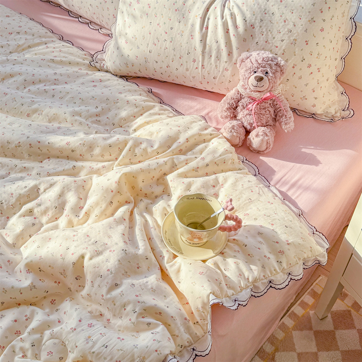 91家纺网 家纺一手货源 找家纺 被窝家纺 2026新款全棉纯棉有氧双层纱多功能夏被夏凉被空调被四件套 小野花