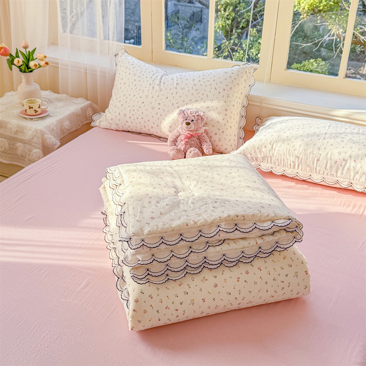 91家纺网 家纺一手货源 找家纺 被窝家纺 2026新款全棉纯棉有氧双层纱多功能夏被夏凉被空调被四件套 小野花