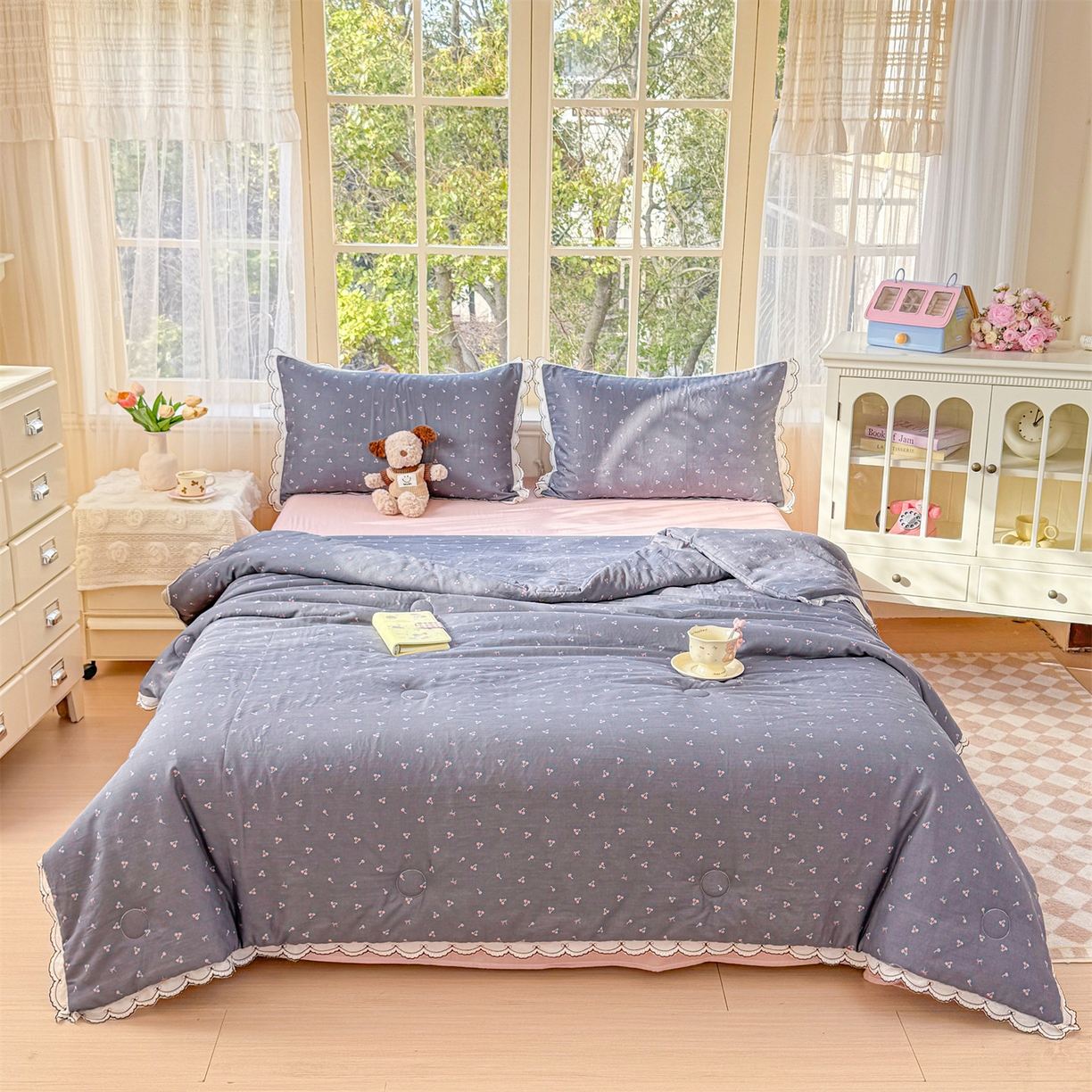 91家纺网 家纺一手货源 找家纺 被窝家纺 2026新款全棉纯棉有氧双层纱多功能夏被夏凉被空调被四件套 樱桃甜心