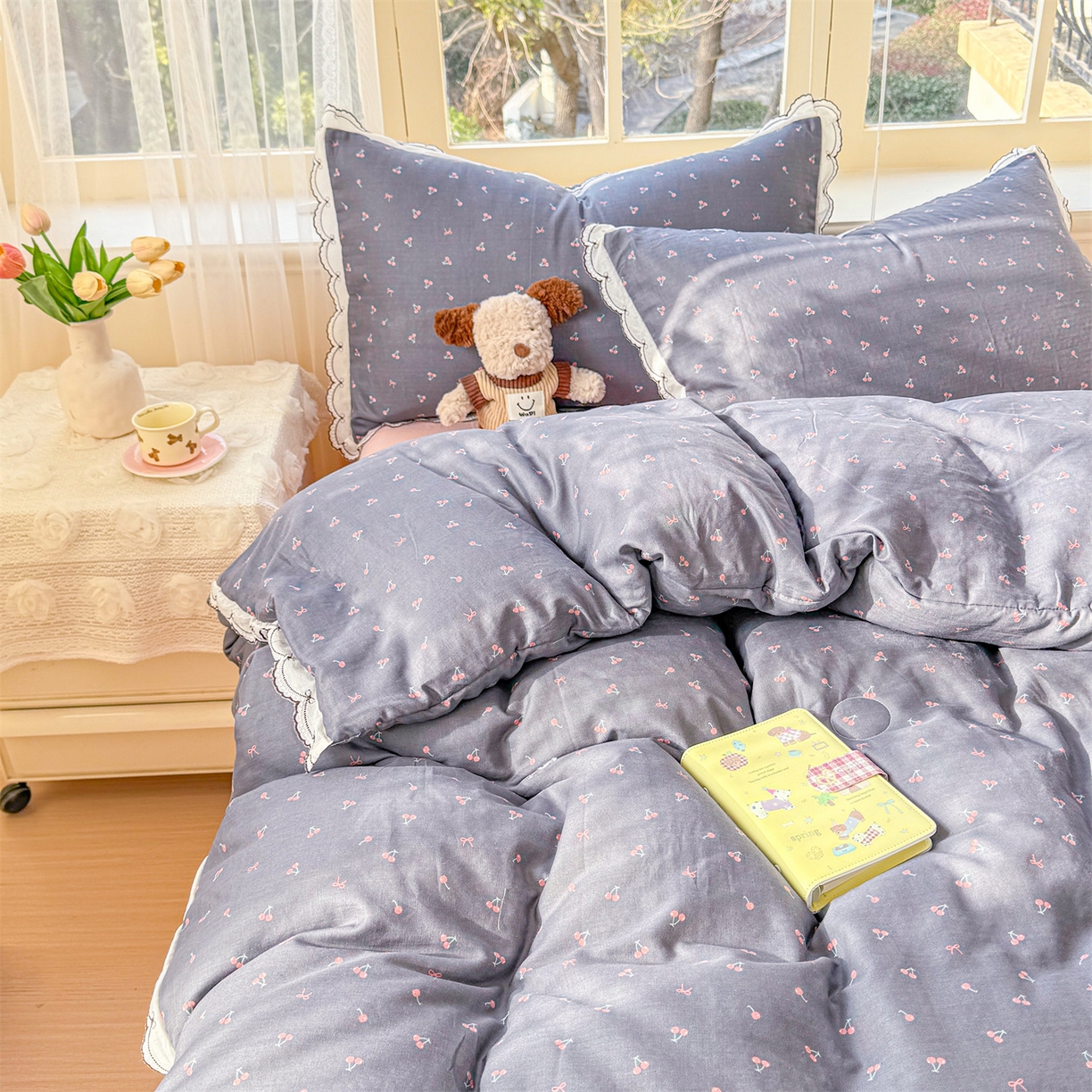 91家纺网 家纺一手货源 找家纺 被窝家纺 2026新款全棉纯棉有氧双层纱多功能夏被夏凉被空调被四件套 樱桃甜心