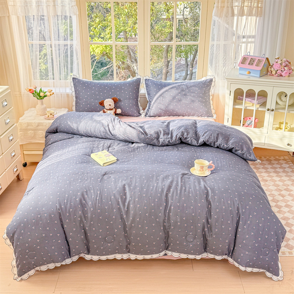 91家纺网 家纺一手货源 找家纺 被窝家纺 2026新款全棉纯棉有氧双层纱多功能夏被夏凉被空调被四件套 樱桃甜心