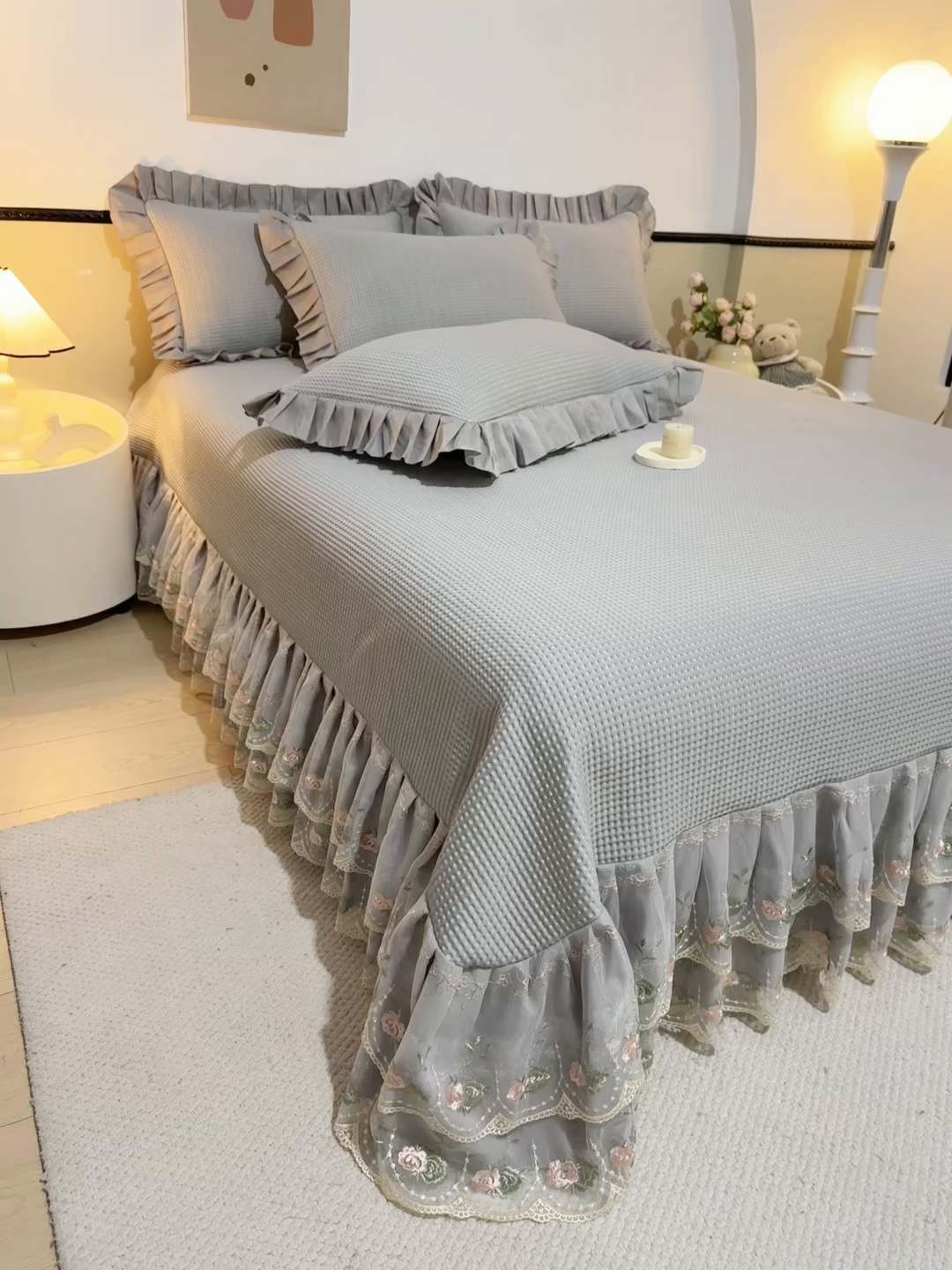 91家纺网 家纺一手货源 找家纺 能好家纺 2026春夏新款华夫格pe豆豆席凉席席子 灰