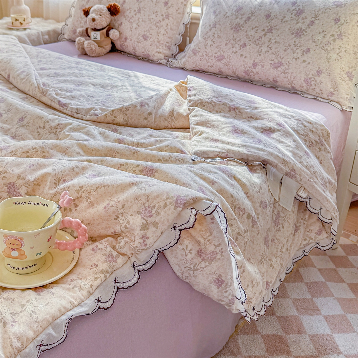 91家纺网 家纺一手货源 找家纺 被窝家纺 2026新款全棉纯棉有氧双层纱多功能夏被夏凉被空调被四件套 紫罗兰