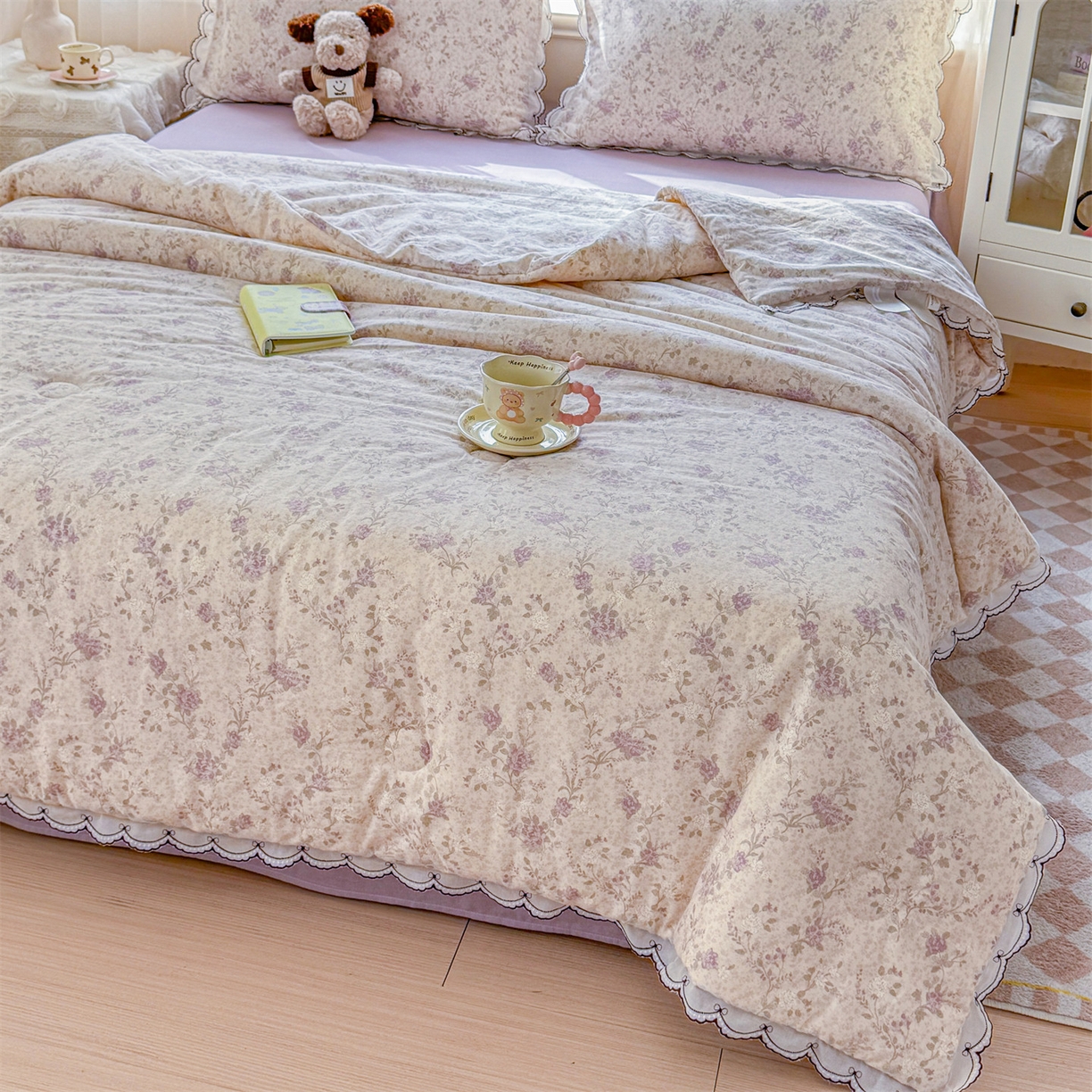 91家纺网 家纺一手货源 找家纺 被窝家纺 2026新款全棉纯棉有氧双层纱多功能夏被夏凉被空调被四件套 紫罗兰