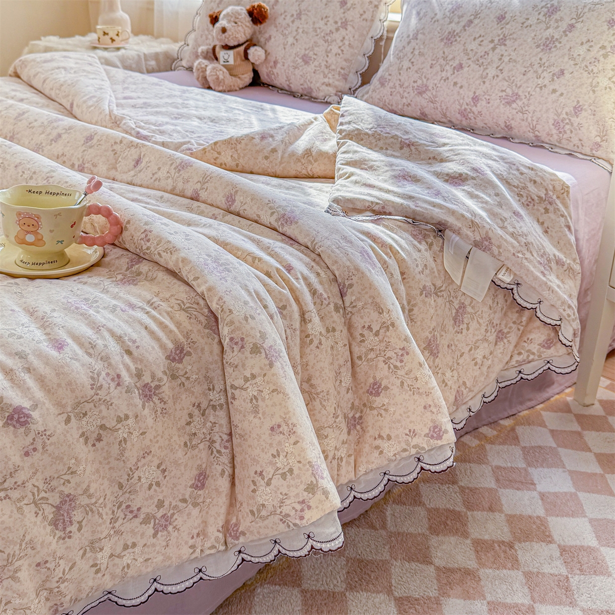 91家纺网 家纺一手货源 找家纺 被窝家纺 2026新款全棉纯棉有氧双层纱多功能夏被夏凉被空调被四件套 紫罗兰