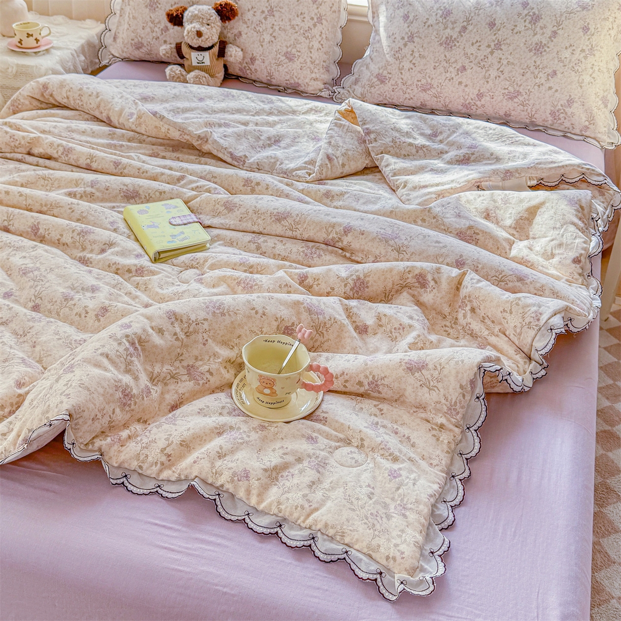 91家纺网 家纺一手货源 找家纺 被窝家纺 2026新款全棉纯棉有氧双层纱多功能夏被夏凉被空调被四件套 紫罗兰