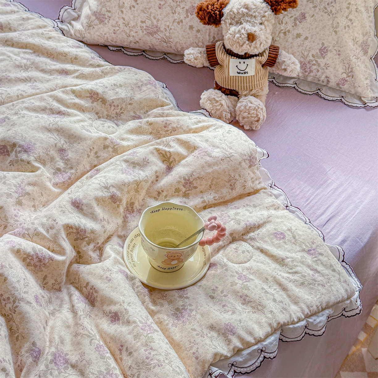 91家纺网 家纺一手货源 找家纺 被窝家纺 2026新款全棉纯棉有氧双层纱多功能夏被夏凉被空调被四件套 紫罗兰